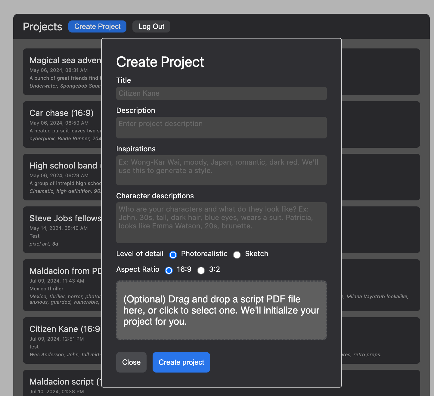 A form with a section to upload a PDF